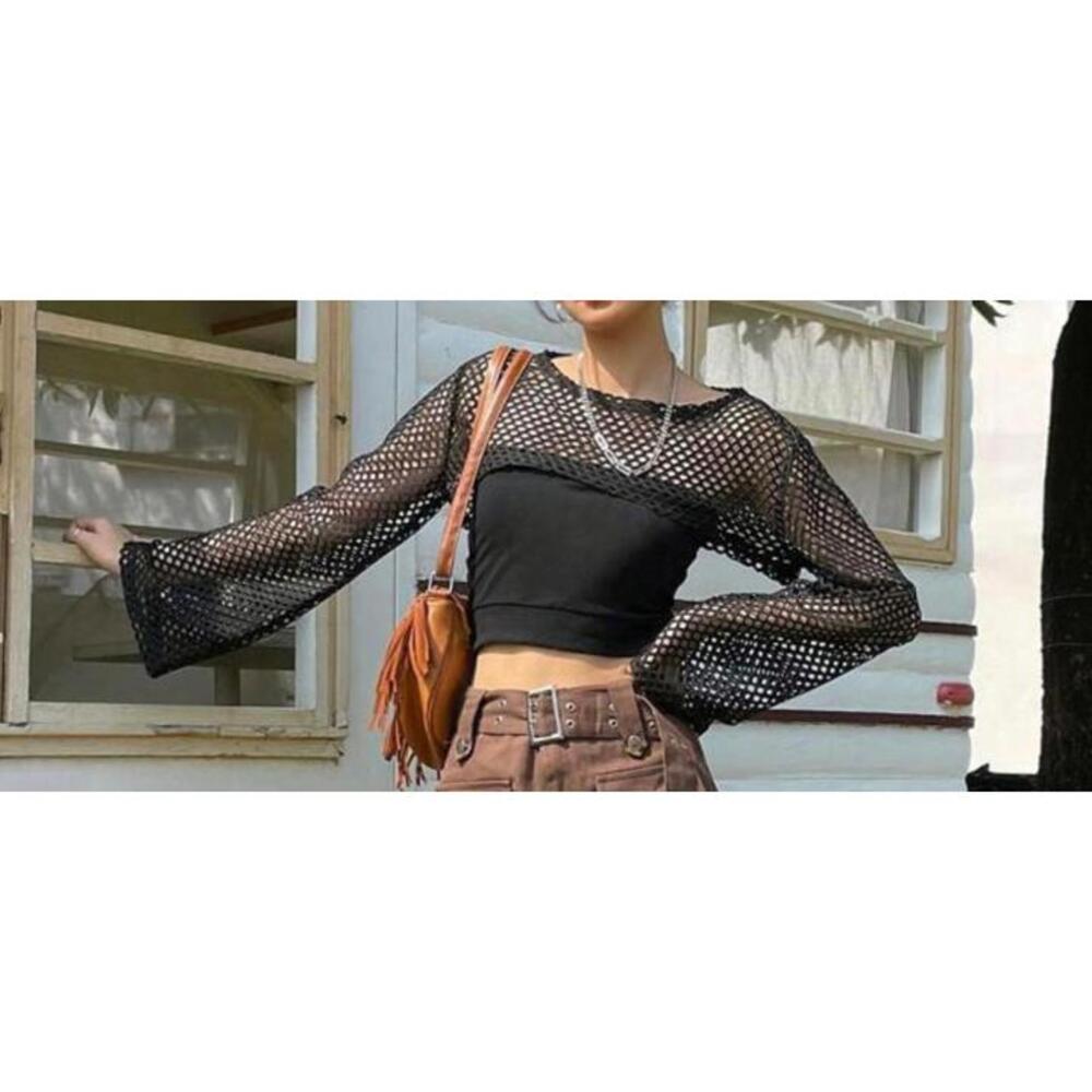 Dazy, Black Mesh, Long Sleeve Crop Top, Size Large